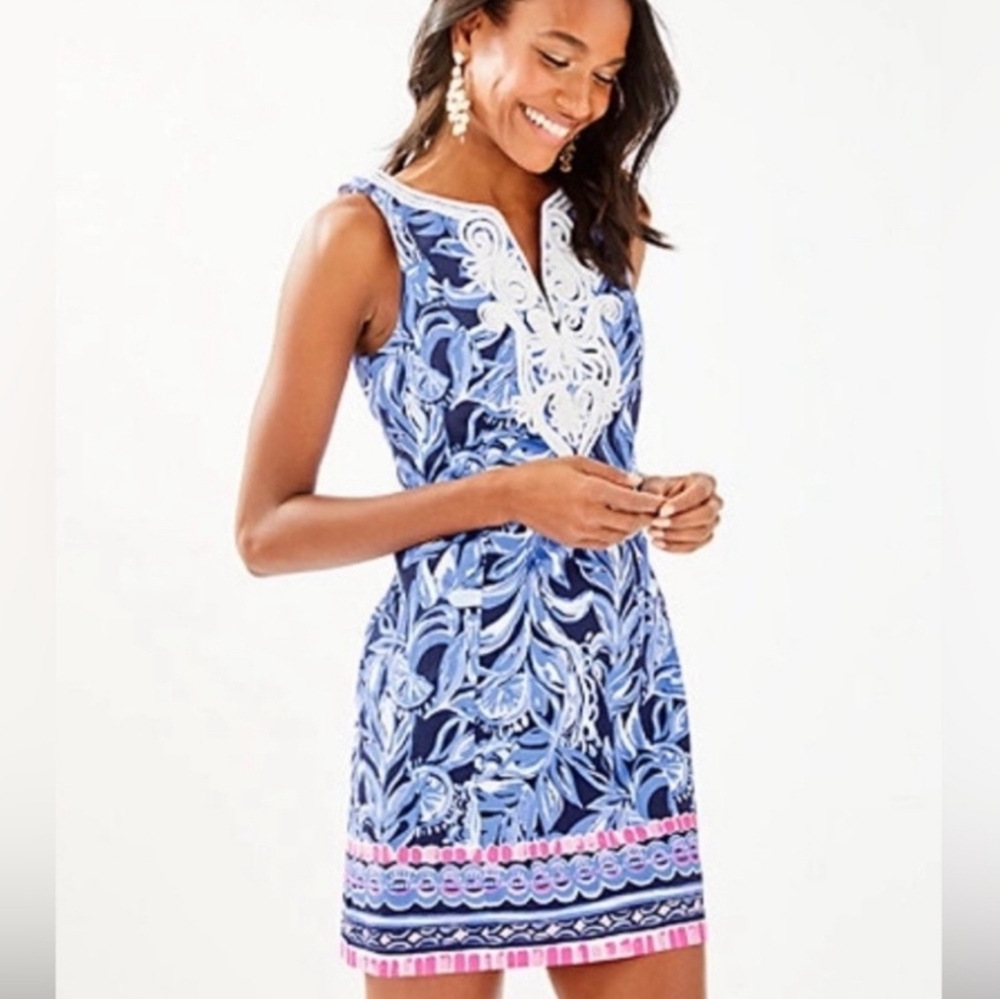 Lilly Pulitzer Gabby Stretch Shift Dress Bondi Blue Scuba Doo. Size 4.